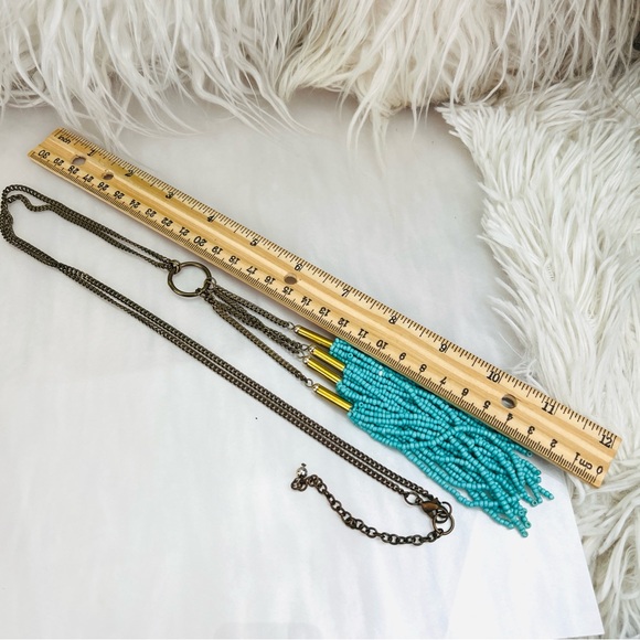 Bohemian southwestern chic aged brass tone blue beaded fringe long necklace - Picture 8 of 8